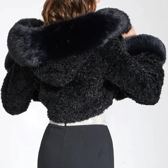 💋CHIC & SEXY💋Lux Black Vegan Shearling Lamb & Fox Fur Hoodded Crop Jacket - Picture 8 of 16